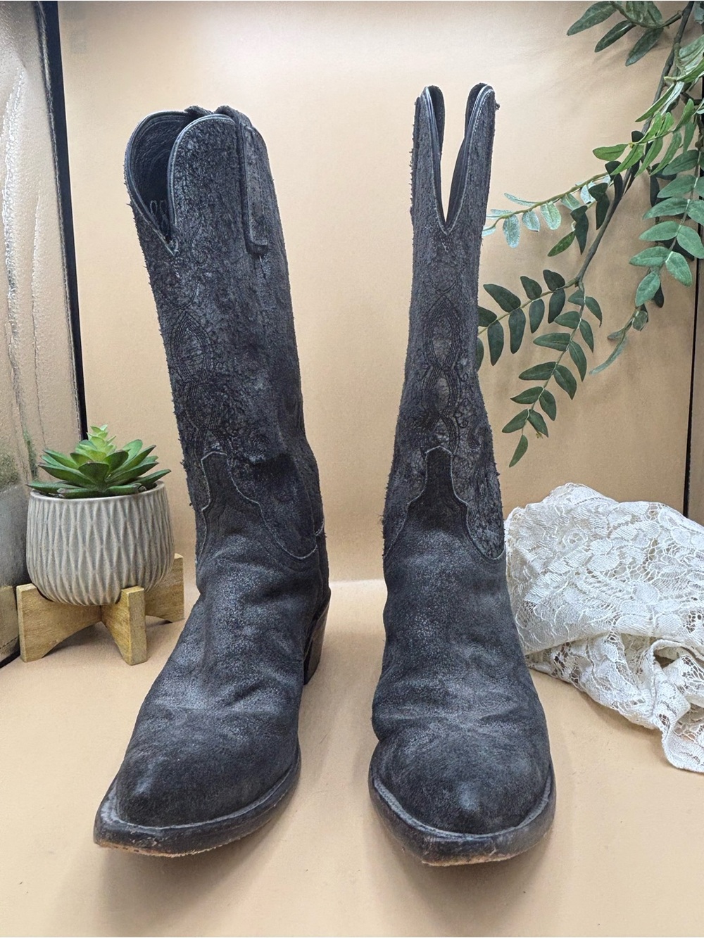 1883 by Lucchese Black Western Cowboy Boots Womens 7 Swirl Stitch N4688 S44
